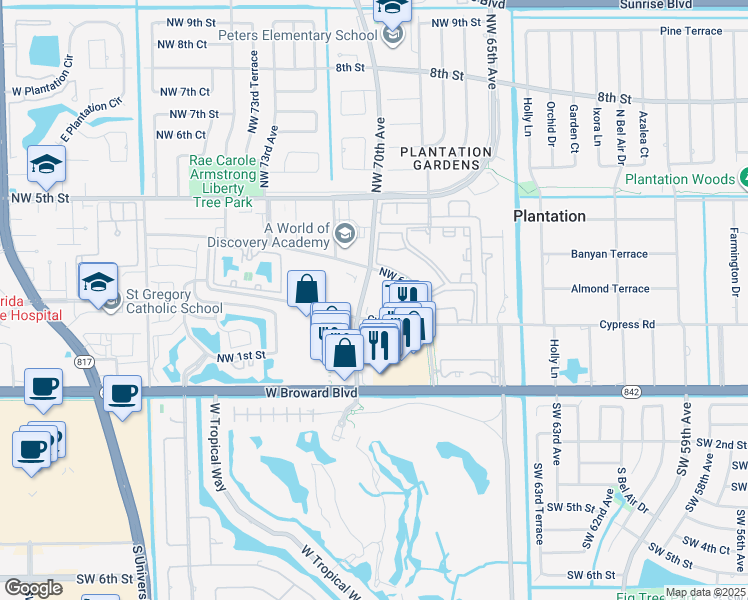 map of restaurants, bars, coffee shops, grocery stores, and more near 300 Northwest 70th Avenue in Plantation