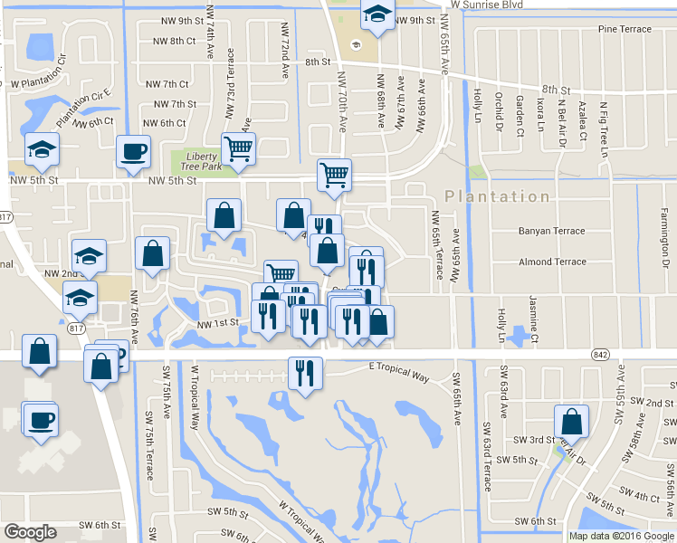 map of restaurants, bars, coffee shops, grocery stores, and more near 300 Northwest 70th Avenue in Plantation