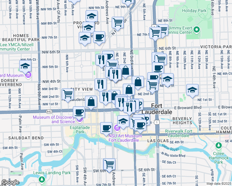 map of restaurants, bars, coffee shops, grocery stores, and more near 2 Northwest 2nd Street in Fort Lauderdale