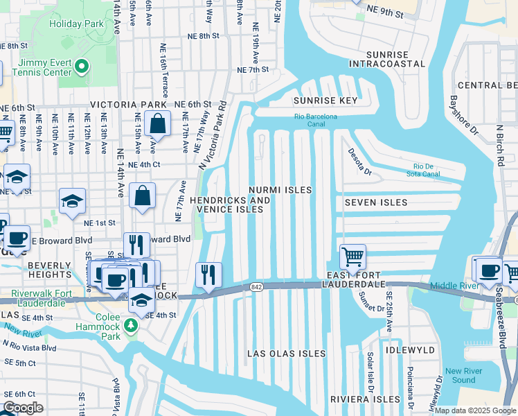 map of restaurants, bars, coffee shops, grocery stores, and more near 93 Isle of Venice Drive in Fort Lauderdale