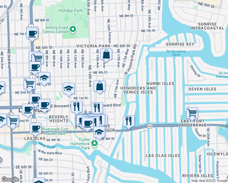 map of restaurants, bars, coffee shops, grocery stores, and more near 112 Northeast 17th Avenue in Fort Lauderdale