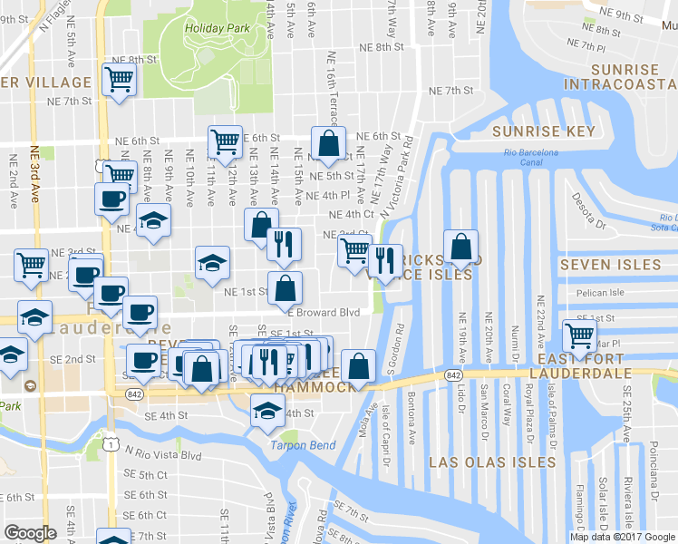 map of restaurants, bars, coffee shops, grocery stores, and more near 113 Northeast 16th Terrace in Fort Lauderdale