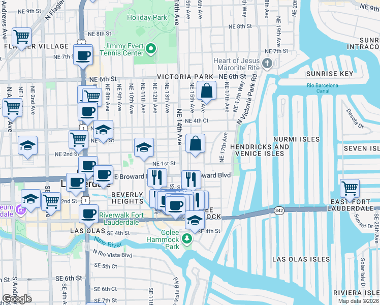 map of restaurants, bars, coffee shops, grocery stores, and more near in Fort Lauderdale