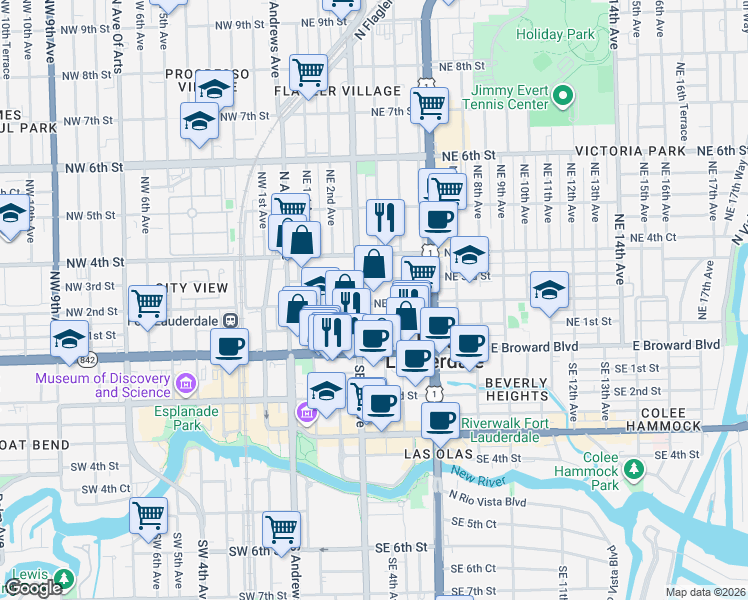 map of restaurants, bars, coffee shops, grocery stores, and more near 115 Northeast 3rd Avenue in Fort Lauderdale