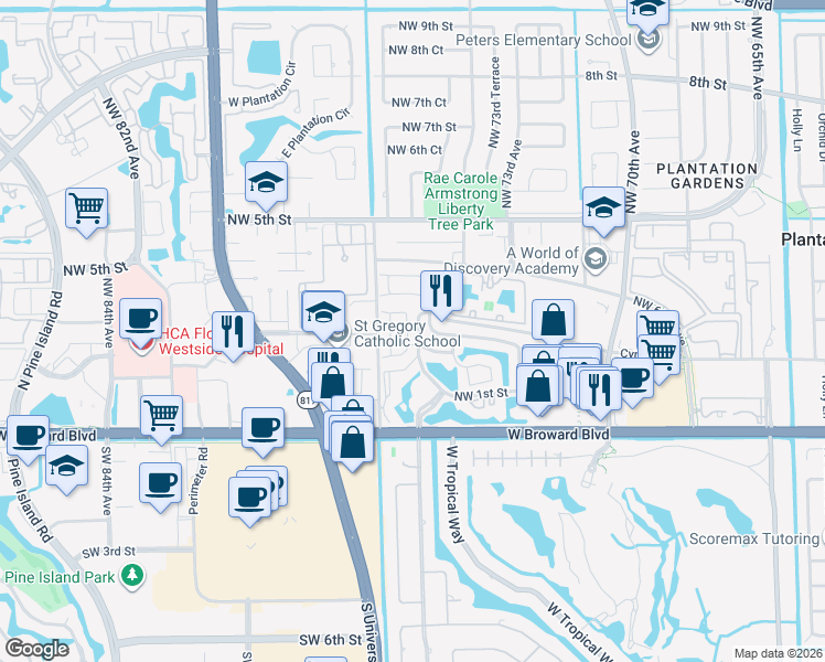 map of restaurants, bars, coffee shops, grocery stores, and more near 7481 Northwest 1st Place in Plantation