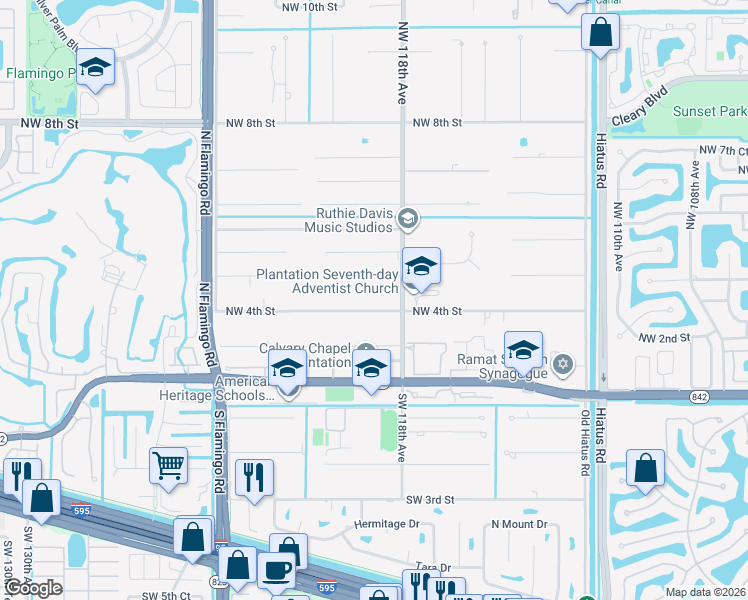map of restaurants, bars, coffee shops, grocery stores, and more near 11861 Northwest 4th Street in Plantation