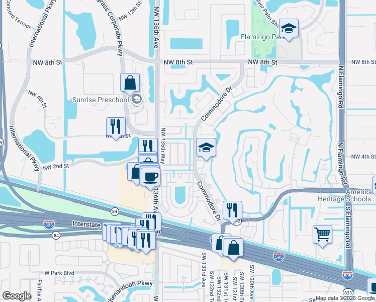 map of restaurants, bars, coffee shops, grocery stores, and more near 361 Southwest 139th Avenue in Plantation