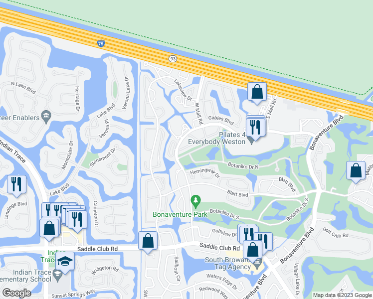 map of restaurants, bars, coffee shops, grocery stores, and more near 16784 Natures Way in Weston
