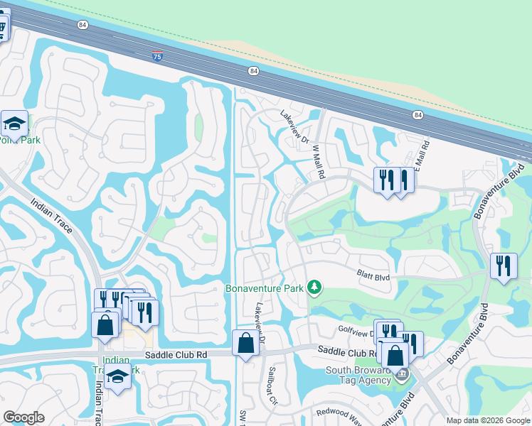 map of restaurants, bars, coffee shops, grocery stores, and more near 350 Lakeview Drive in Weston