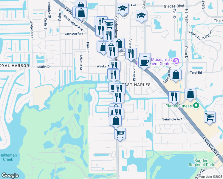 map of restaurants, bars, coffee shops, grocery stores, and more near 2869 Shoreview Drive in Naples