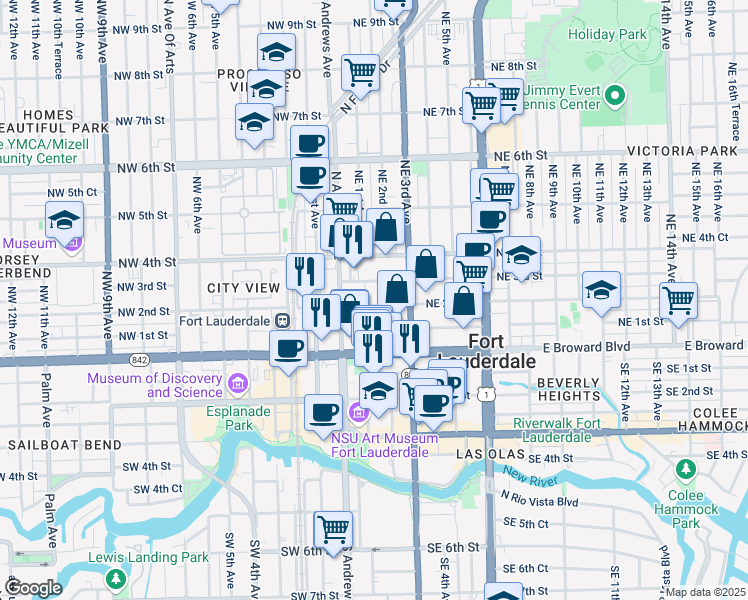 map of restaurants, bars, coffee shops, grocery stores, and more near 217 Northwest 1st Street in Fort Lauderdale
