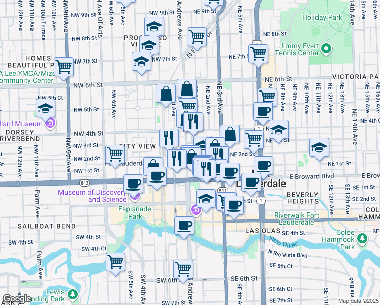map of restaurants, bars, coffee shops, grocery stores, and more near 2 Northwest 2nd Street in Fort Lauderdale