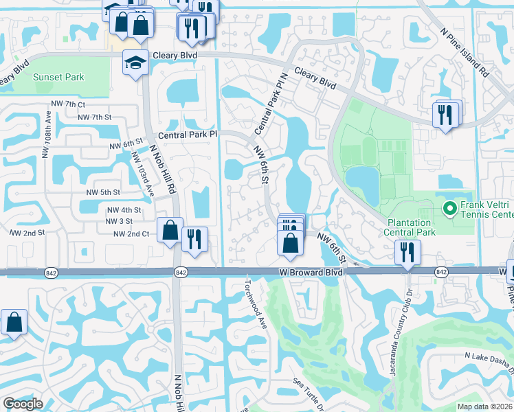 map of restaurants, bars, coffee shops, grocery stores, and more near 9804 Northwest 2nd Court in Plantation