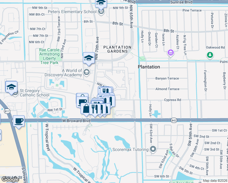 map of restaurants, bars, coffee shops, grocery stores, and more near 6751 Cypress Road in Plantation