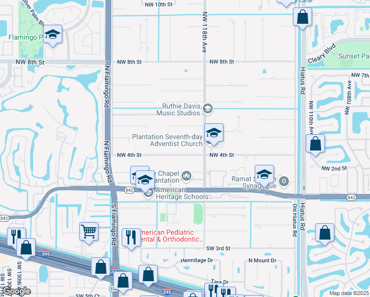 map of restaurants, bars, coffee shops, grocery stores, and more near 11861 Northwest 4th Street in Plantation