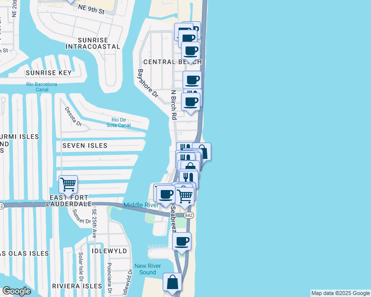 map of restaurants, bars, coffee shops, grocery stores, and more near 115 North Fort Lauderdale Beach Boulevard in Fort Lauderdale