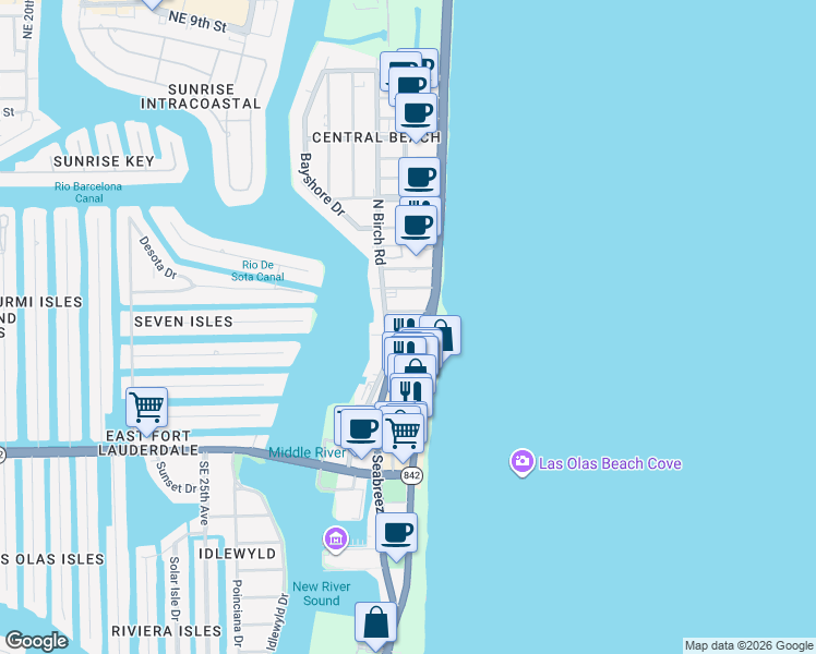 map of restaurants, bars, coffee shops, grocery stores, and more near 115 North Fort Lauderdale Beach Boulevard in Fort Lauderdale