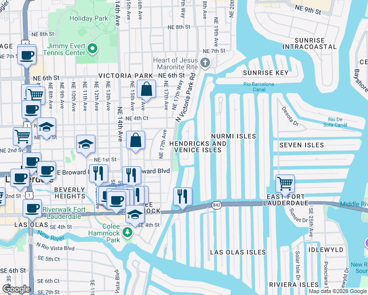 map of restaurants, bars, coffee shops, grocery stores, and more near 1737 Northeast 1st Street in Fort Lauderdale
