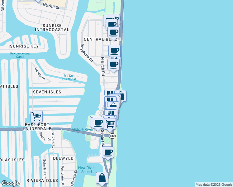 map of restaurants, bars, coffee shops, grocery stores, and more near 115 North Fort Lauderdale Beach Boulevard in Fort Lauderdale
