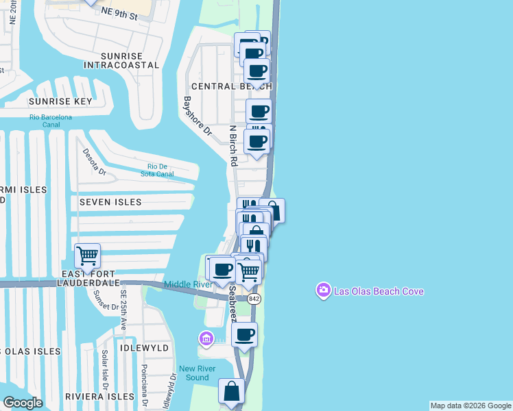 map of restaurants, bars, coffee shops, grocery stores, and more near 115 North Fort Lauderdale Beach Boulevard in Fort Lauderdale
