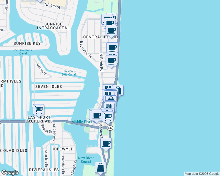 map of restaurants, bars, coffee shops, grocery stores, and more near 115 North Fort Lauderdale Beach Boulevard in Fort Lauderdale