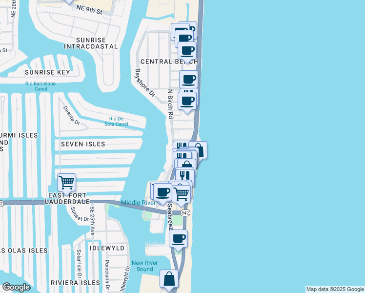 map of restaurants, bars, coffee shops, grocery stores, and more near 115 North Fort Lauderdale Beach Boulevard in Fort Lauderdale
