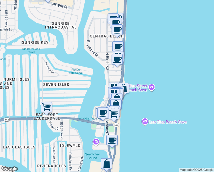 map of restaurants, bars, coffee shops, grocery stores, and more near 111 North Birch Road in Fort Lauderdale