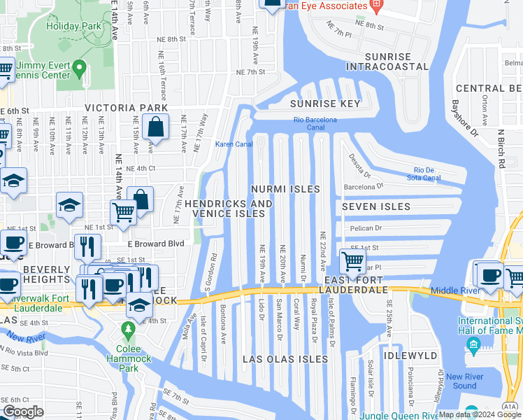 map of restaurants, bars, coffee shops, grocery stores, and more near 93 Isle of Venice Drive in Fort Lauderdale