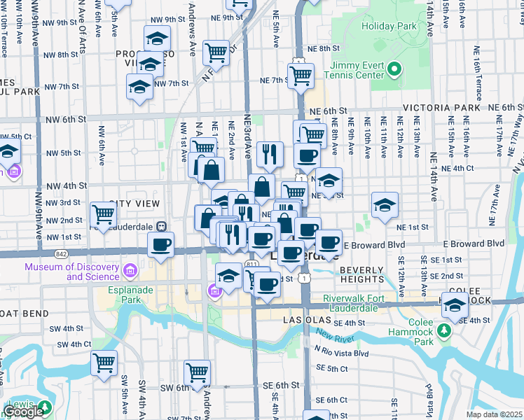 map of restaurants, bars, coffee shops, grocery stores, and more near 115 Northeast 3rd Avenue in Fort Lauderdale