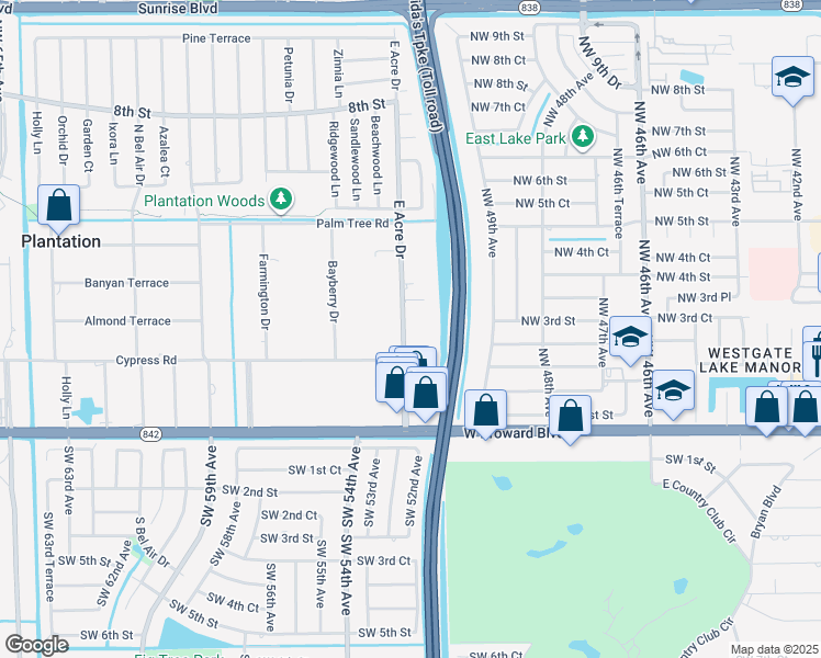 map of restaurants, bars, coffee shops, grocery stores, and more near 209 East Acre Drive in Plantation