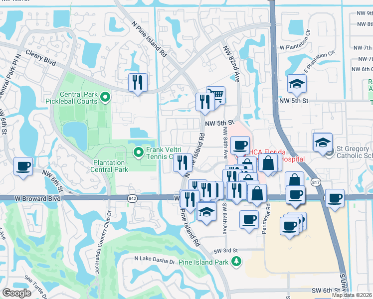 map of restaurants, bars, coffee shops, grocery stores, and more near 365 North Pine Island Road in Plantation