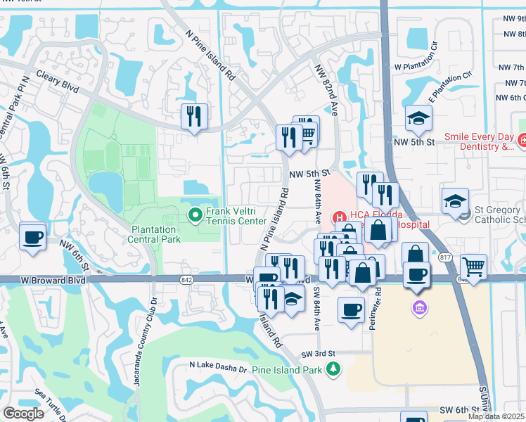 map of restaurants, bars, coffee shops, grocery stores, and more near 365 North Pine Island Road in Plantation