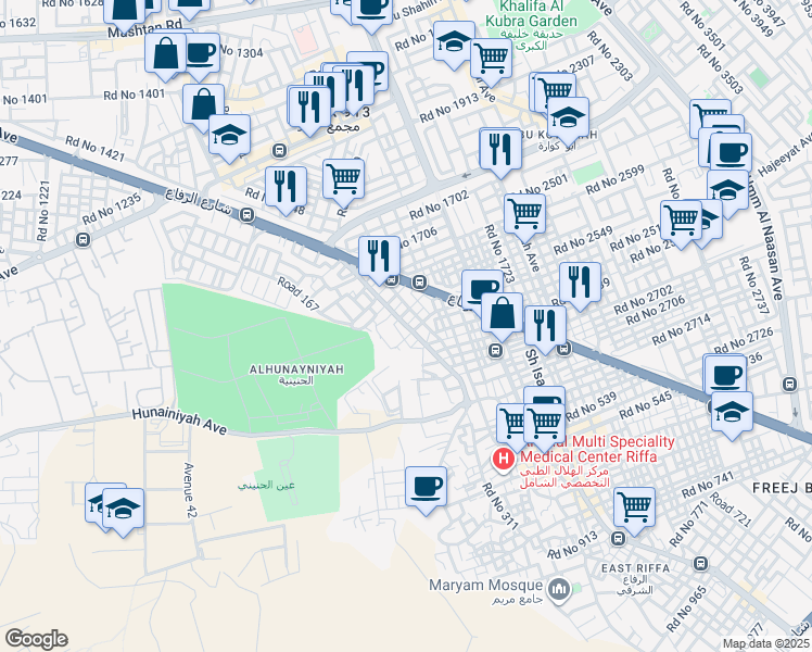 map of restaurants, bars, coffee shops, grocery stores, and more near Sh Hamood Bin Subah Avenue in Riffa
