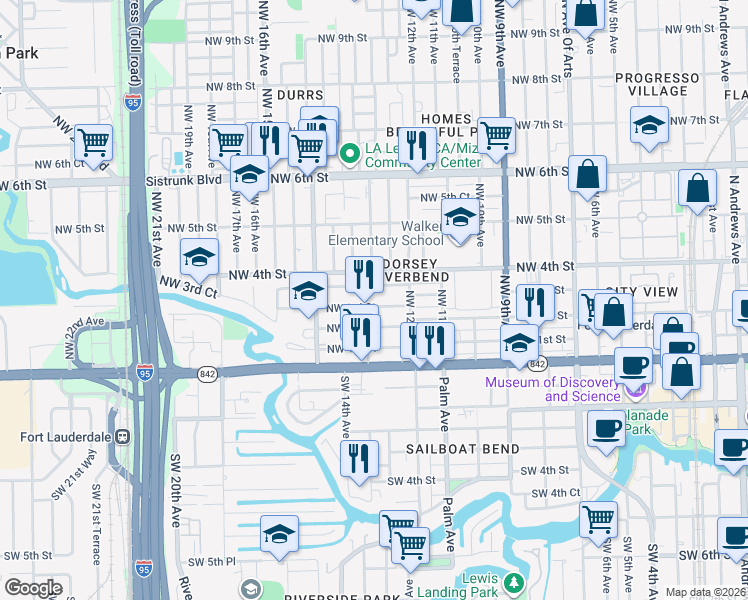 map of restaurants, bars, coffee shops, grocery stores, and more near 1216 Northwest 3rd Street in Fort Lauderdale