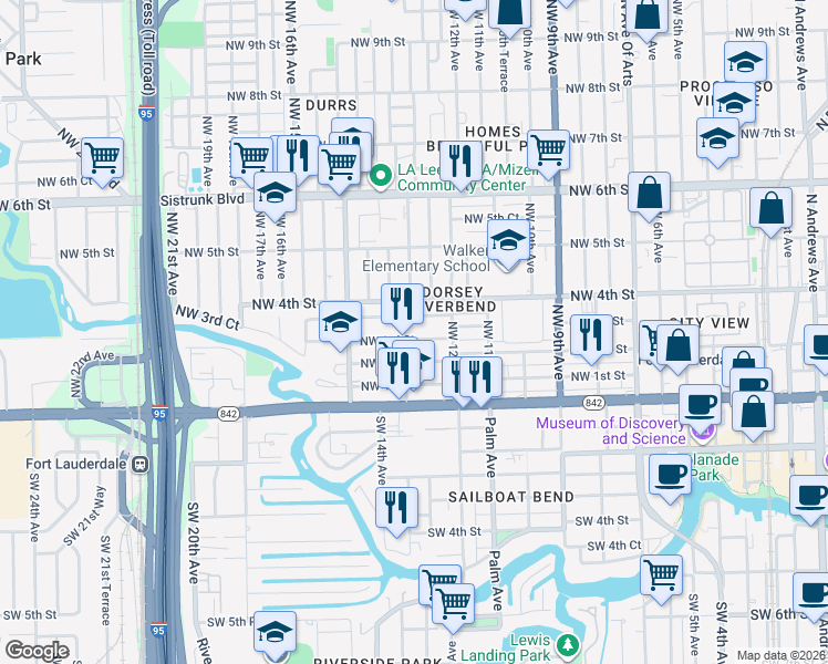 map of restaurants, bars, coffee shops, grocery stores, and more near 1317 Northwest 3rd Street in Fort Lauderdale