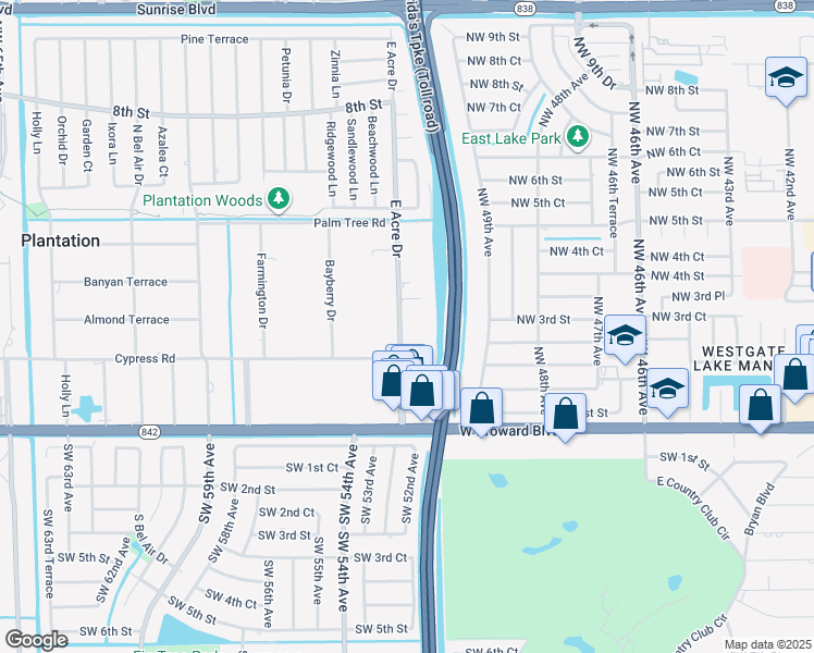 map of restaurants, bars, coffee shops, grocery stores, and more near 209 East Acre Drive in Plantation