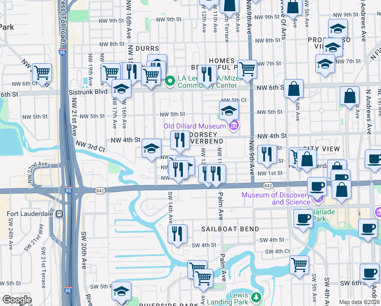 map of restaurants, bars, coffee shops, grocery stores, and more near 1220 Northwest 3rd Street in Fort Lauderdale