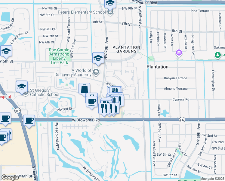 map of restaurants, bars, coffee shops, grocery stores, and more near 6919 Cypress Road in Plantation