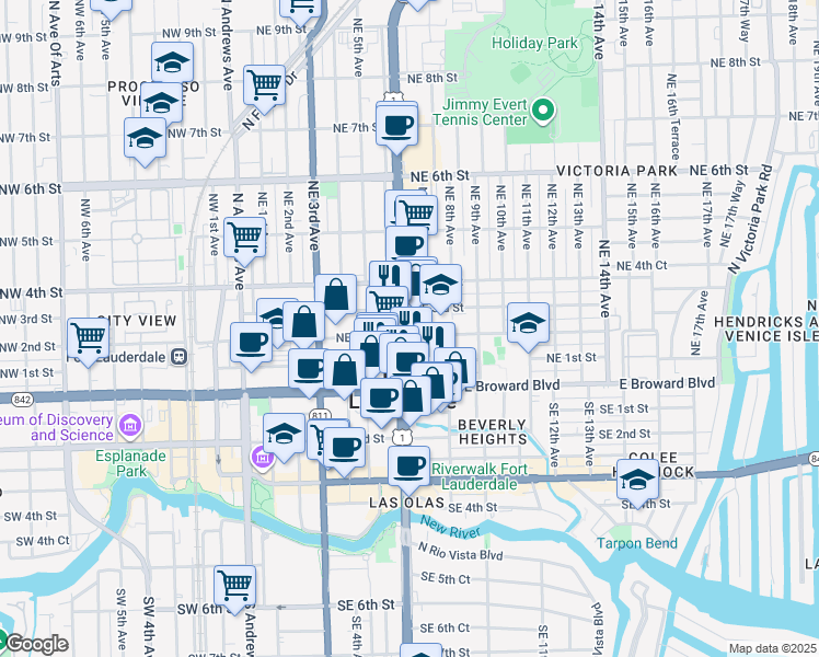 map of restaurants, bars, coffee shops, grocery stores, and more near 171 North Federal Highway in Fort Lauderdale