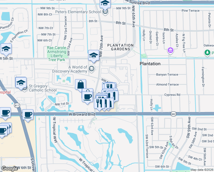 map of restaurants, bars, coffee shops, grocery stores, and more near 6919 Cypress Road in Plantation