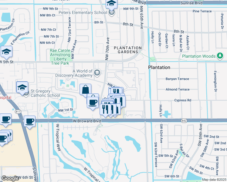 map of restaurants, bars, coffee shops, grocery stores, and more near 6919 Cypress Road in Plantation