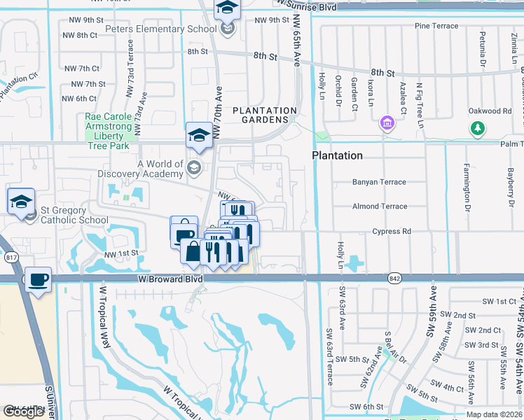 map of restaurants, bars, coffee shops, grocery stores, and more near 6751 Cypress Road in Plantation