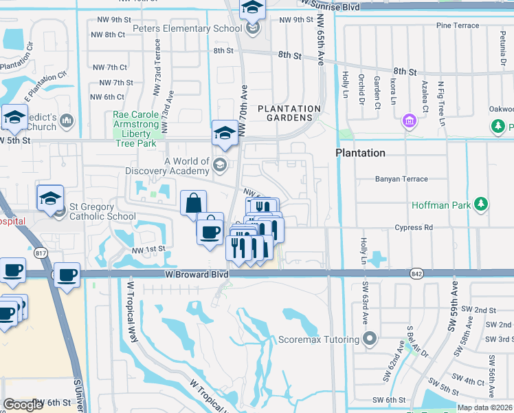 map of restaurants, bars, coffee shops, grocery stores, and more near 6919 Cypress Road in Plantation