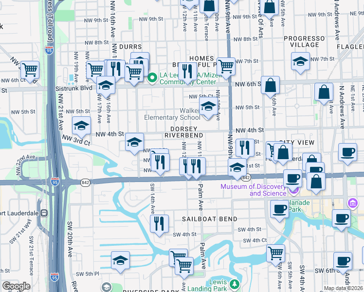 map of restaurants, bars, coffee shops, grocery stores, and more near 1220 Northwest 3rd Street in Fort Lauderdale