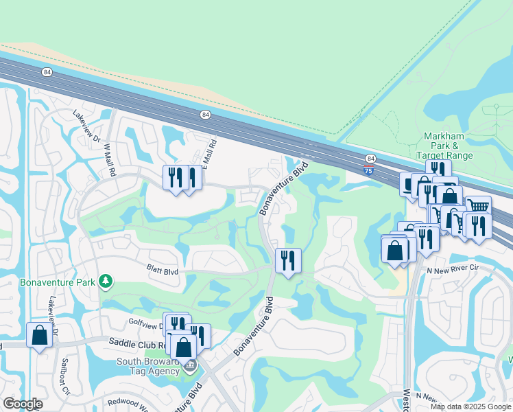 map of restaurants, bars, coffee shops, grocery stores, and more near 100 Bonaventure Boulevard in Weston