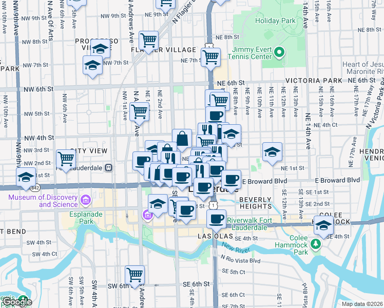 map of restaurants, bars, coffee shops, grocery stores, and more near 405 Northeast 2nd Street in Fort Lauderdale