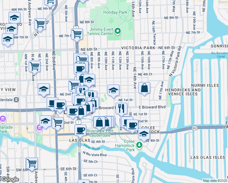 map of restaurants, bars, coffee shops, grocery stores, and more near 101 Northeast 11th Avenue in Fort Lauderdale