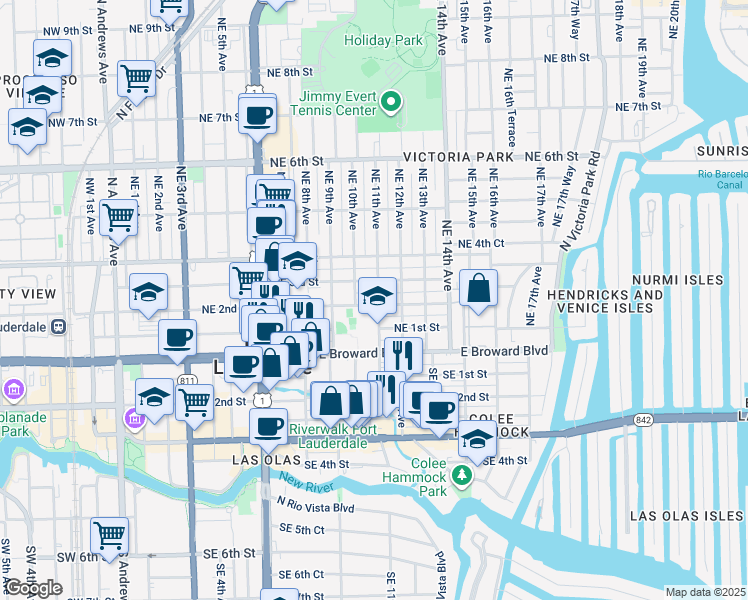 map of restaurants, bars, coffee shops, grocery stores, and more near 101 Northeast 11th Avenue in Fort Lauderdale