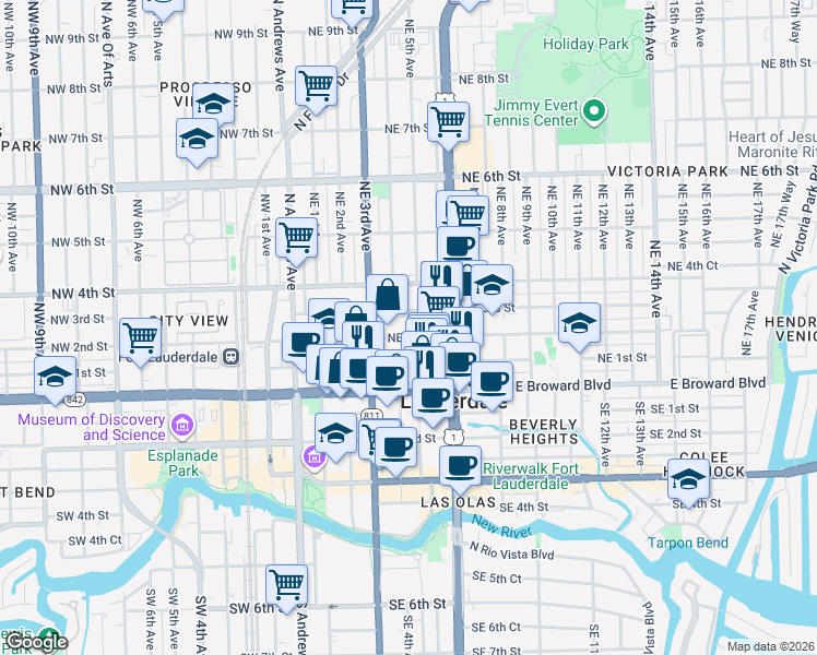 map of restaurants, bars, coffee shops, grocery stores, and more near 405 Northeast 2nd Street in Fort Lauderdale