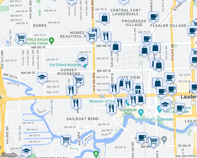 map of restaurants, bars, coffee shops, grocery stores, and more near 811 Northwest 2nd Street in Fort Lauderdale